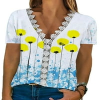 Grianlook Lady Tops Floral Print T-Shirt Тениска с къс ръкав Женски бохемска туника блуза мода v врата пуловер син жълто 5xl