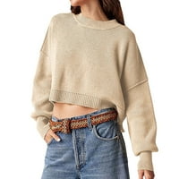 Пуловери Huaai за жени Дами есен и зимен стил пуловер с кръгъл врат, твърд цвят и свободни пуловери за пуловери за жени khaki xl