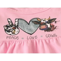 Сладки деца момиче облекло мир любовни крави букви печат o шия рокля с дълъг ръкав+флорална точка панталони+шал падане