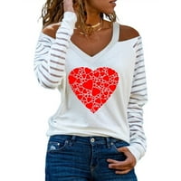 Женски падане върши модна жена V-образно тениска с дълъг ръкав Честит Свети Валентин отпечатване на студено рамо разхлабени блузи върхове