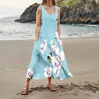 Летни рокли за жени жени плажни ваканционни рокли Танк за ръкави рокли флорална отпечатана слънчева рокля бохо рокля джобове туника