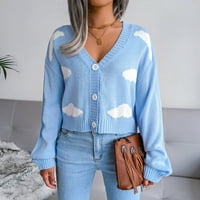 Женски V-образно деколте с дълъг ръкав разхлабена плетена пуловер пуловер джъмпер върхове синьо