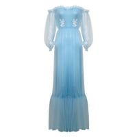 Сладки женски плътен цвят с дълъг ръкав с дълъг ръкав модна марля дълга пълна рокля рокли за жени синьо