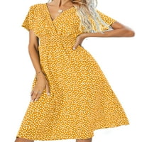 Jusddie жени лятна плажна слънчева стойка с къс ръкав ежедневна дълга рокля полка точки парти макси рокли v врата празник жълто s