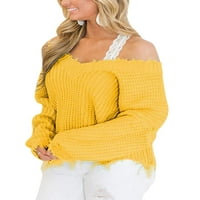 Rejlun дамски пуловер зимен топъл пуловер с дълъг ръкав джъмпер върхове ежедневни плетени пуловери нередовни шезлонги жълти m