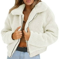 Дамски топло изкуствено вълнено палто цип яке зима зимно връхни дрехи бежови s