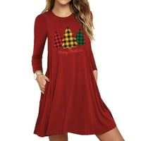 Voncos Mini рокли за жени на клирънс- есен зима мода с дълъг ръкав кръгла шия отпечатани рокли за лятно вино с размер 2xl