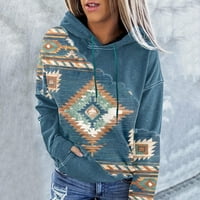 Qcmgmg суичър плюс размер западен етнически стил ацтеки суичъри с качулка с качулка с качулка с дълъг ръкав Небрежен пуловер ризи за жени летни женски върхове тениски