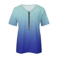 Usmixi ризи за жени с къс ръкав v-образен градиент летни основни върхове дами модни свободни годни удобни квартални цип пуловер блузи сини m