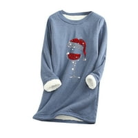 Moonker дамски върхове ризи за жени Коледно печат Суитчър Топло о-окрушно бельо тениска с горна дебела S синьо