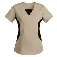 Loyisvidion женски ризи Просверие жени с къси ръкави с V-образно деколте работят равномерни плътни пачуърки Цветна джобна блуза