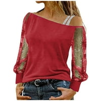 Женски моден дълъг ръкав пуловер Право шия от рамо твърд цвят топ тениска виното s