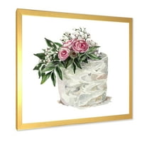 Дизайнарт 'бели цветя и розови рози върху торта' традиционен Арт Принт в рамка