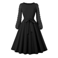 Тениски рокли за жени слънчева рокля екипаж на врата с дълъг ръкав отпечатани черни m