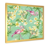 Дизайнарт 'Жълти Цветя, Тропическа Зеленина С Фламинго В' Традиционна Рамка Арт Принт