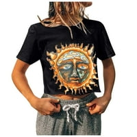 Gdfun Women's Fashion Sun and Moon Print Кръгло деколте, забиване на винтидж топ тениска тениски ризи за жени