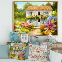 Планина с цветя с малка къща в рамка живопис платно Арт Принт