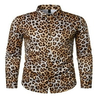 Мъжки риза Леопардов принт с дълъг ръкав копче с тънки ретро дискотопс падат ежедневни тениски