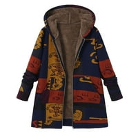Палто за жени Дамски зимен топло outwear floral print с качулка джобове реколта големи палта женски якета палта син + m