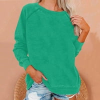 Блуза стабилно облекло дамска блуза ежедневни дълги ръкави твърди цвят кръгла врата пачуърк тениска отгоре зелено m