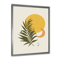 Дизайнарт абстрактна Луна и жълто слънце с тропически лист и модерен арт принт в рамка
