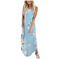 Женски слънчеви рокли небрежни джобни флорални макси печат без ръкави дълга свободна плажна рокля
